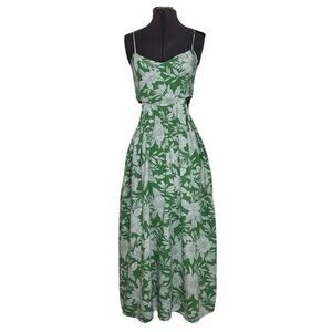 American Eagle Linen Cotton Green Floral Vacation Sunset Pockets Midi Dress S